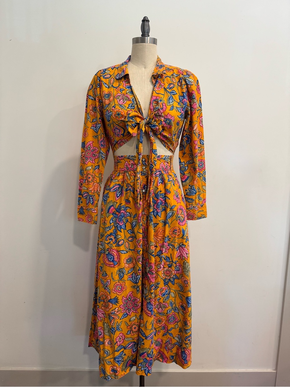 Floral Tie-Front Midi Dress in Mustard